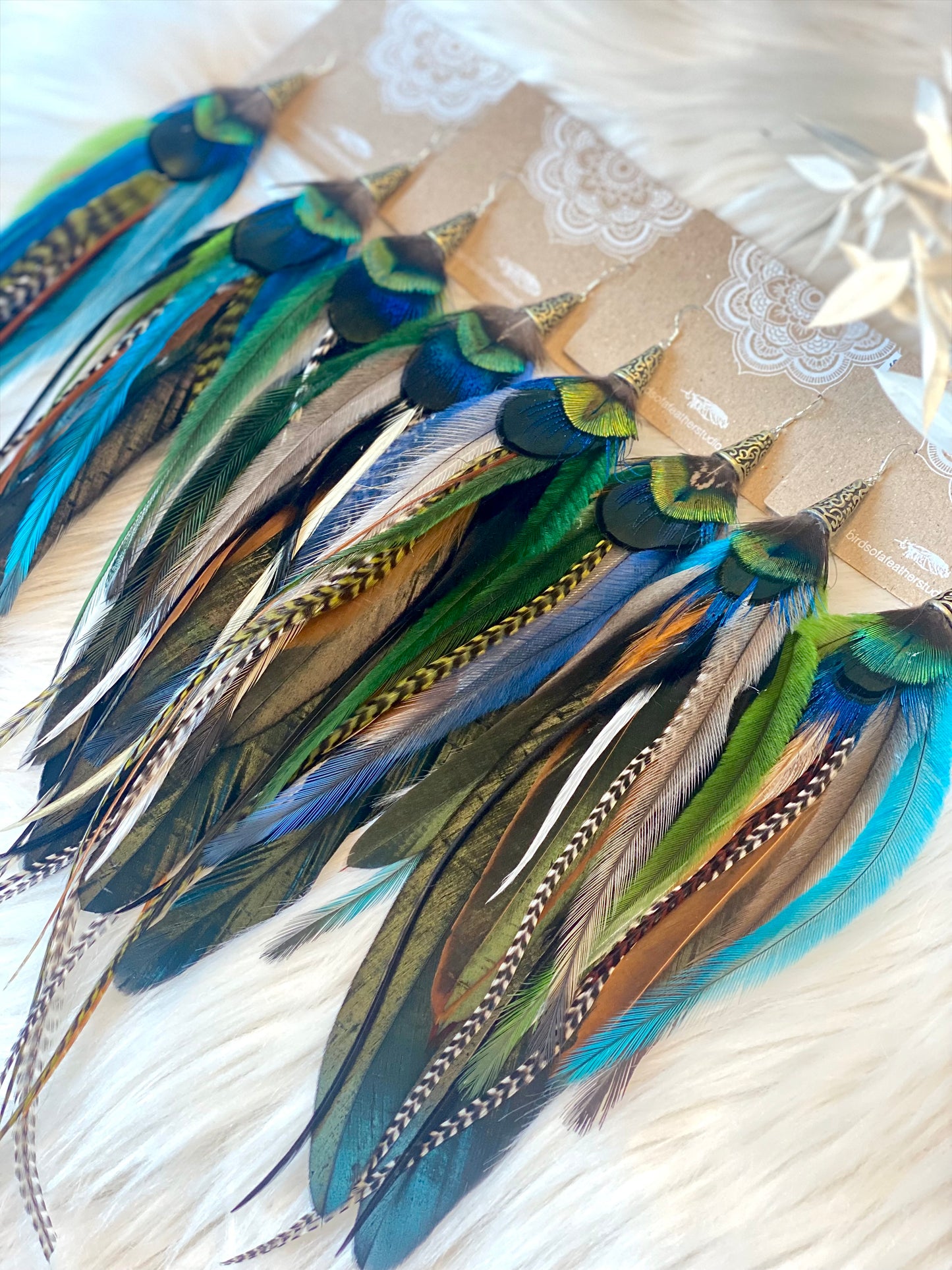 Emerald Goddess Long Natural Feather Earrings