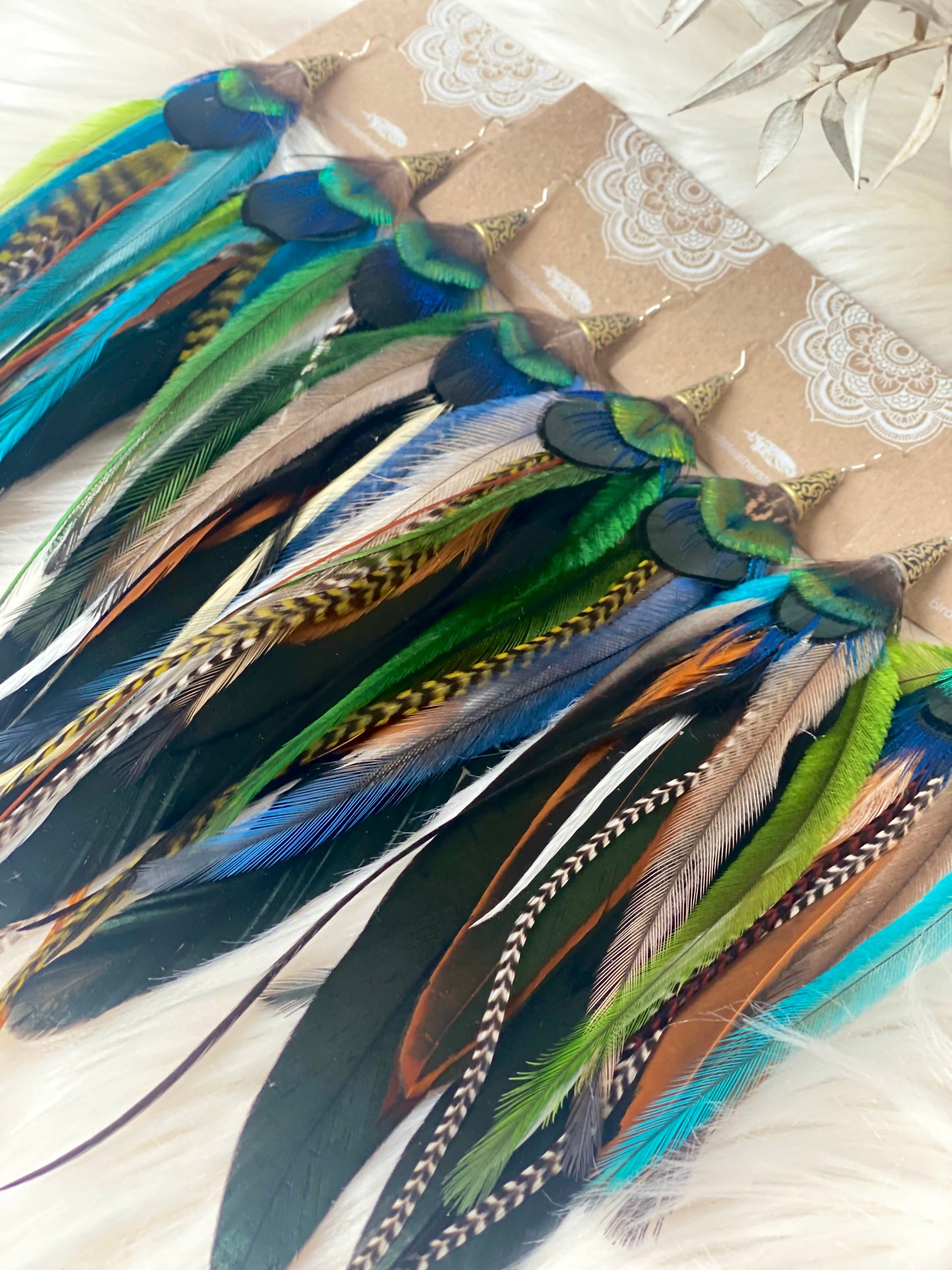 Emerald Goddess Long Natural Feather Earrings