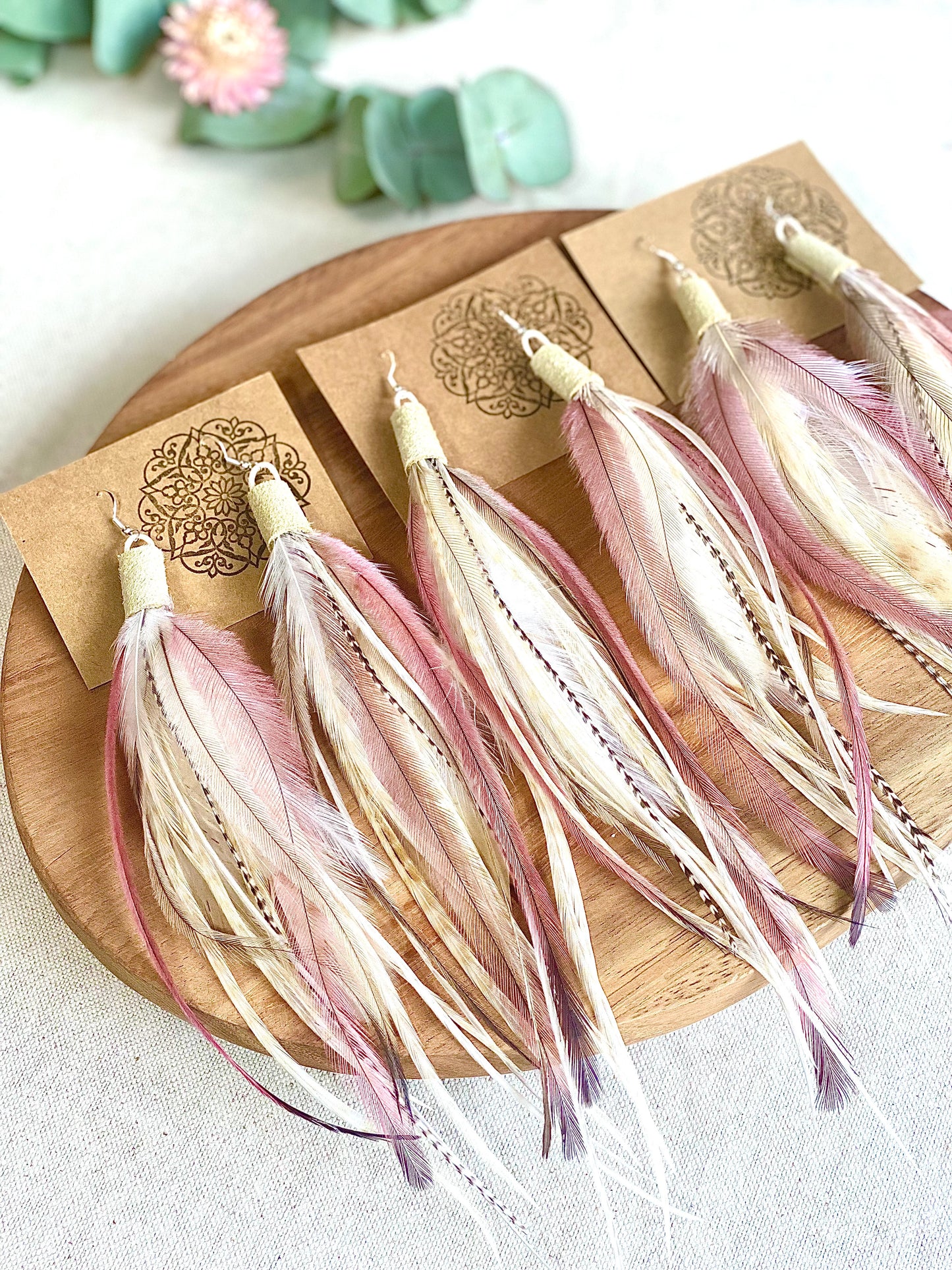 Seashell Pink Boho Feather Earrings