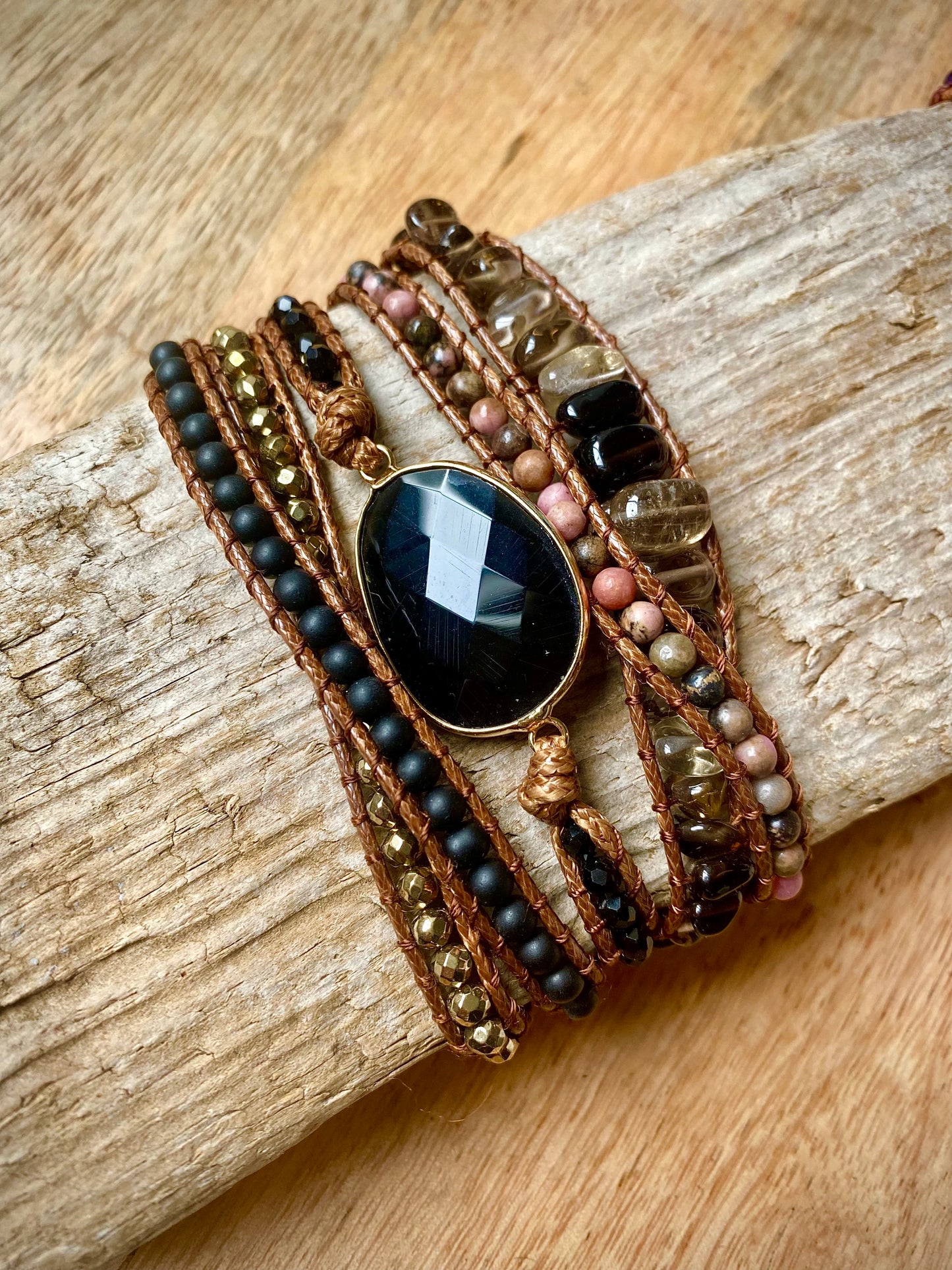 Onyx Crystal Wrap Bracelet with Lava Stone, Jasper and Agate