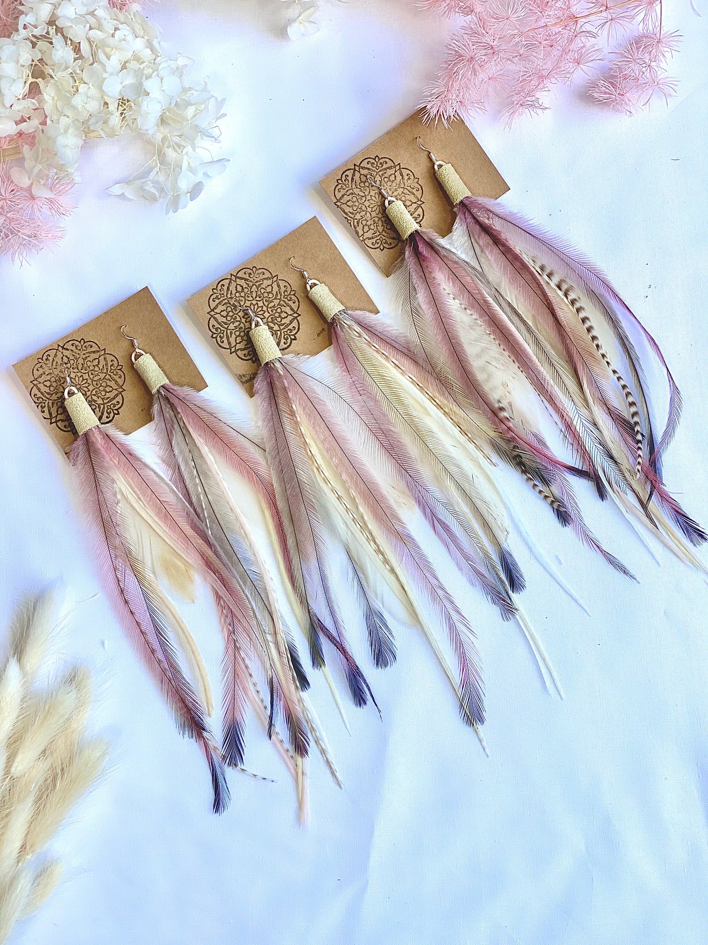 Seashell Pink Boho Feather Earrings