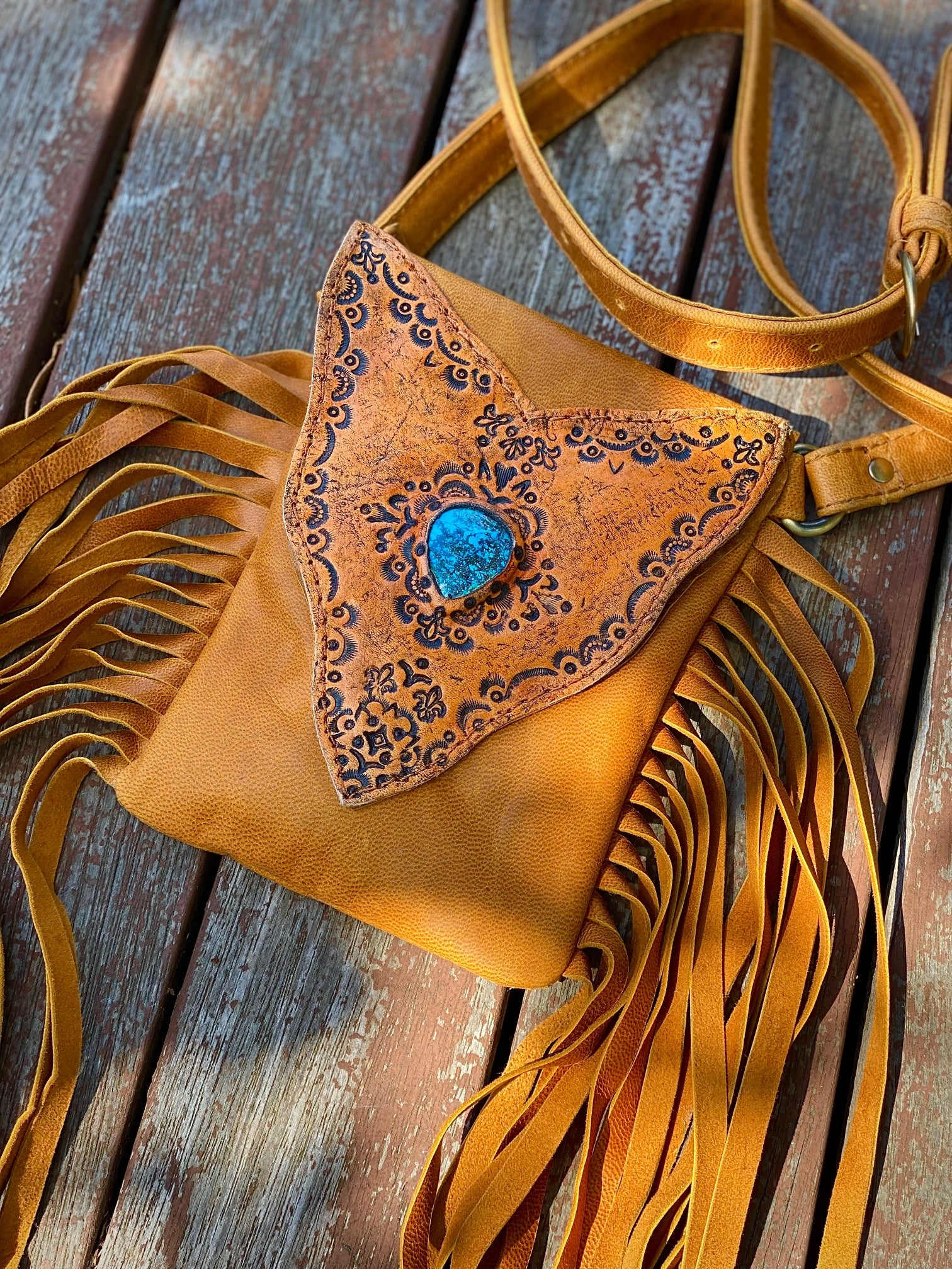 Faux leather boho fringe saddle tan purse with artisan leather handmade  brooch on flap for just a fun touch of color, boho western