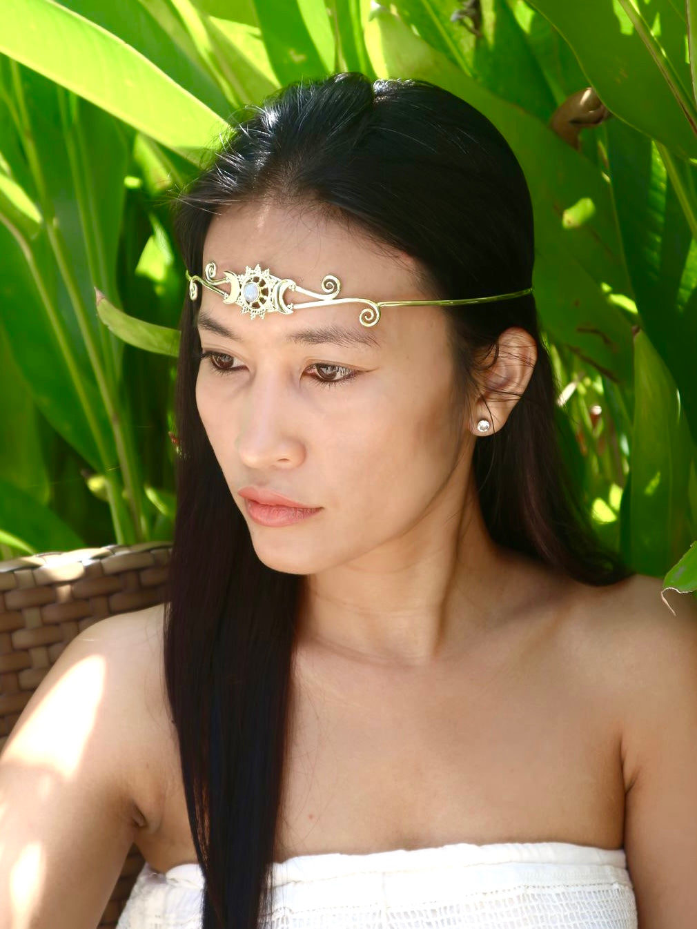 Triple Goddess Headpiece set with Rainbow Moonstone (8mm diameter)