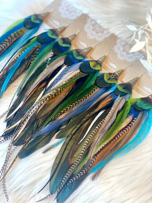 Emerald Goddess Long Natural Feather Earrings