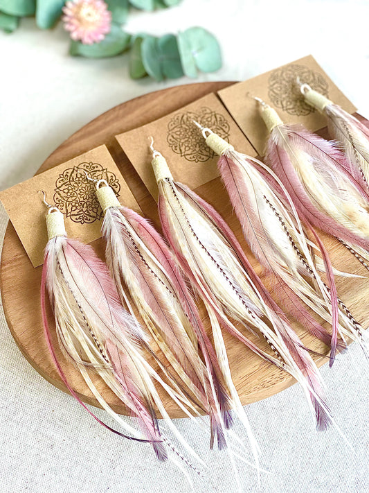 Seashell Pink Boho Feather Earrings